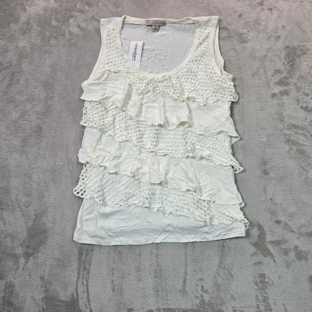 Dressbarn Petite Small Cream Ruffle Crochet Tiered Sleeveless Tank Top PS
